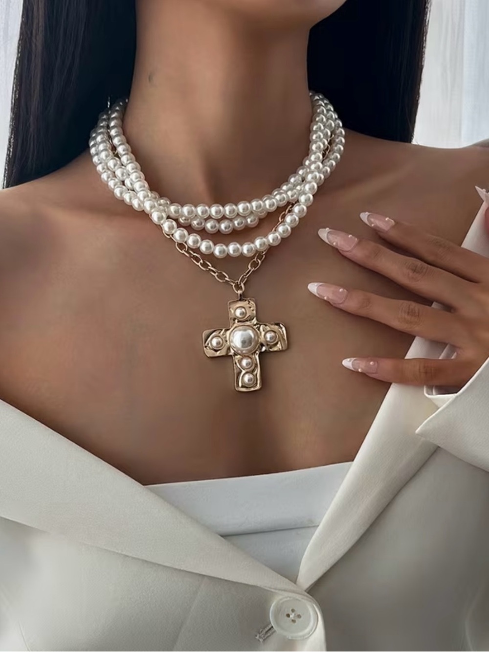 NEW! Elegant White Pearl Layered Necklace with Gold Cross Pendant A9-289